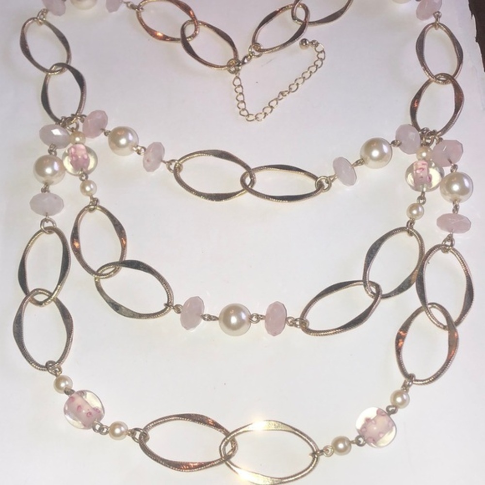 Gold Tone and Pink Faux Pearl Beaded Boho Necklace